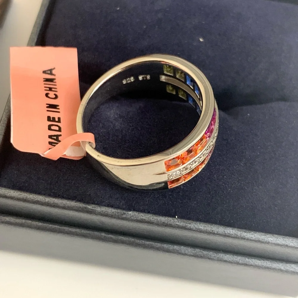 Lustro Stella 925 Sterling Silver Rainbow CZ Band Ring | Multi-Color Gemstone - Picture 4 of 7